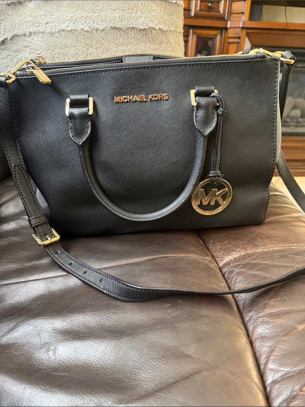 Michael Kors Black Leather Satchel with Gold Hardware